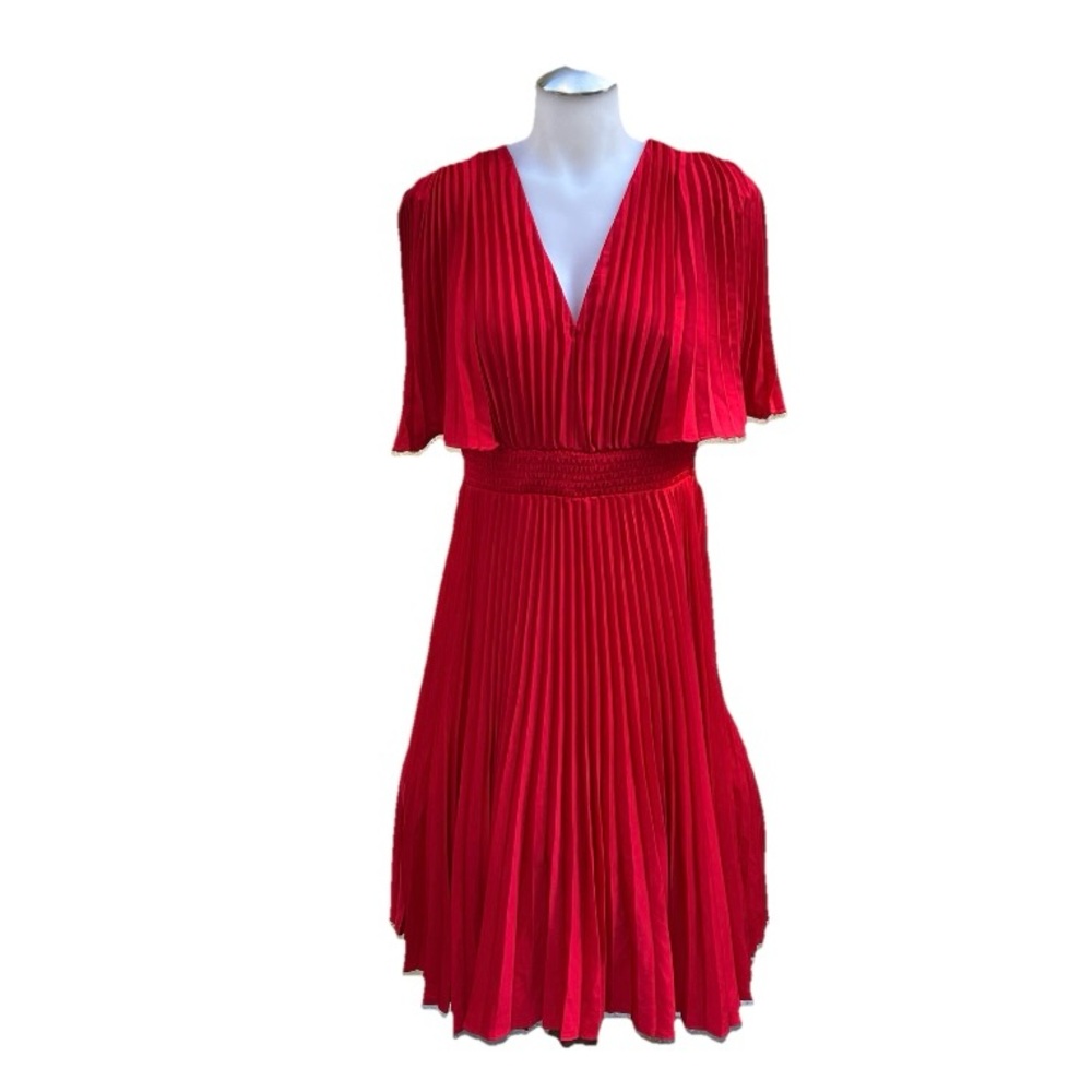 Express Red Pleated Midi Sundress with Flutter Sleeves